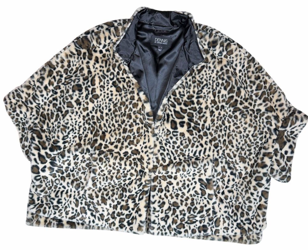 Dennis Basso Faux Fur Leopard Coat Womens XL Dolman Sleeve Animal Print Jacket